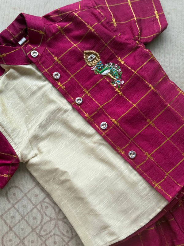 Magilan - Velum Mayilum Hand-Embroidered Boys Shirt & Trouser Set — South Indian Traditional Ethnic Wear Onam Edit