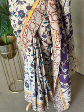 Pure Chennuri Silk Kalamkari Saree with Pichwai Florals & Peacock Pallu – Ivory, Purple & Maroon Border