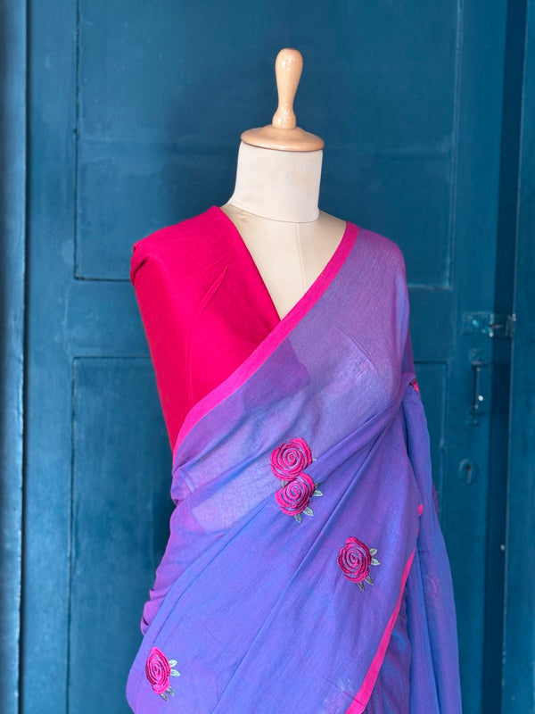 Mul Cotton Saree – Purple with Pink Floral Embroidery & Contrast Border