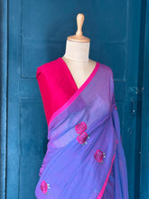 Mul Cotton Saree – Purple with Pink Floral Embroidery & Contrast Border