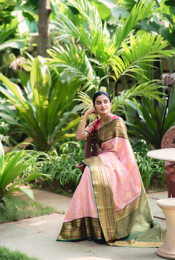 Semi Kanchi Silk Saree – Peach with Green Zari Border