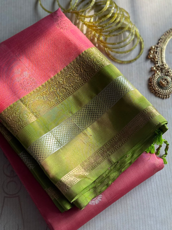 Pure Kanjivaram Soft Silk Saree with Paisley Zari Buttas & Kanchi Border – Vintage Edition