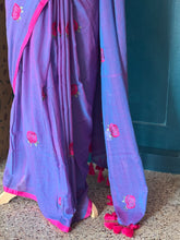 Mul Cotton Saree – Purple with Pink Floral Embroidery & Contrast Border