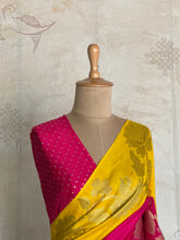 Advika Ombre Tussar Saree – Pink & Yellow Floral Zari