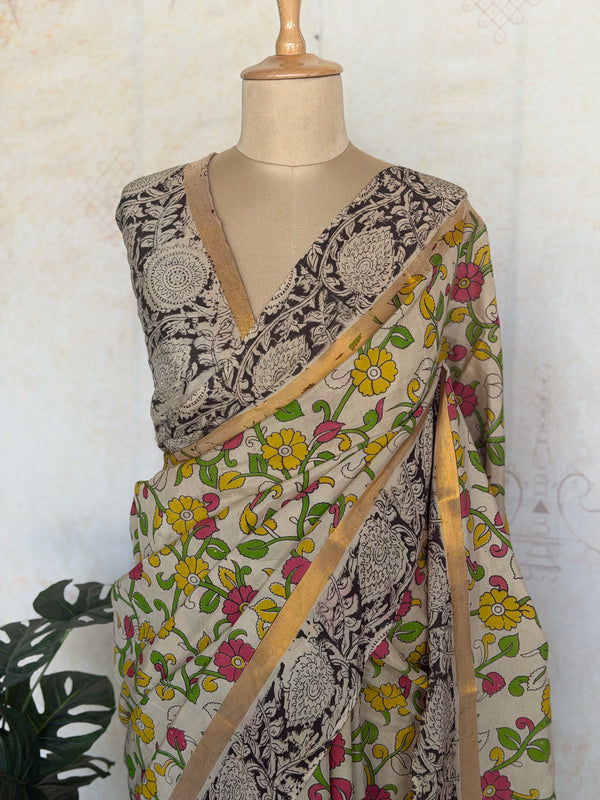 Pure Chennuri Silk Kalamkari Saree – Ivory, Black & Multicolor Floral