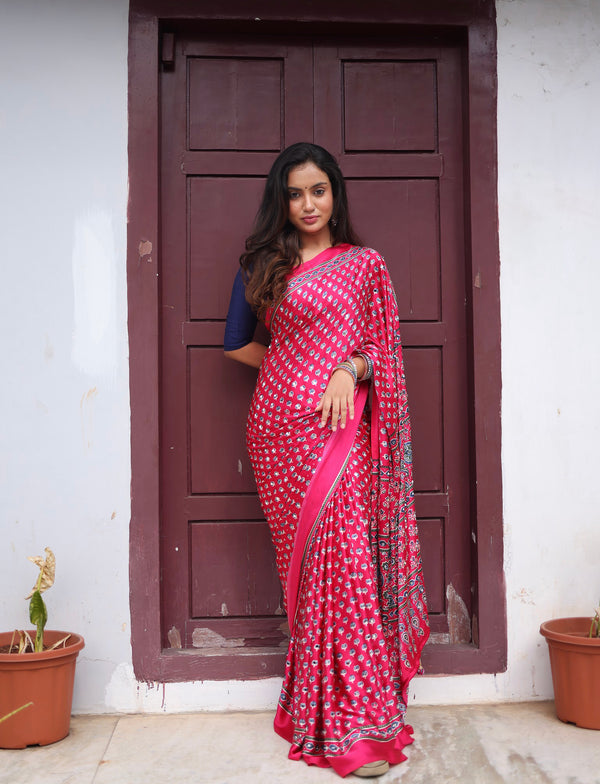 Rani Pink Modal Silk Bagru Print Saree with Mirror Work | Ajrakh Blouse