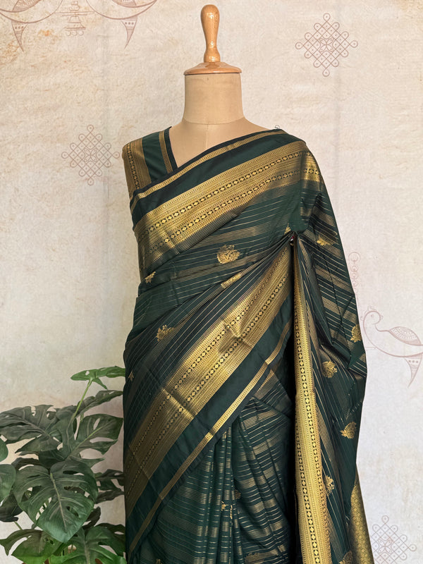 Midnight Emerald Semi Kanchi Silk Saree with Grand Zari Pallu