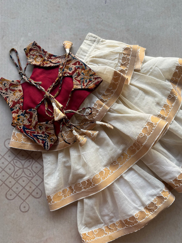 Kids Kalamkari Cotton Top with Ivory Layered Skirt – Festive Ethnic Set