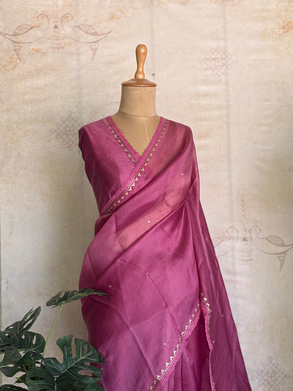 Tarini Pure Organza Saree – Rose Pink with Delicate Embroidered Border