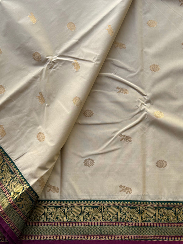 Semi Kanchi Silk Saree – Chakram & Elephant Zari Buttas