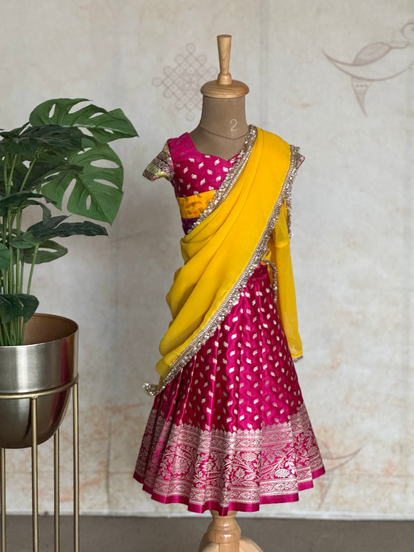 Kids Pavazhamalli Half Saree with Zari Buttas & Yellow Davani