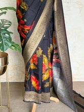 Atharvi - Mushru Silk Saree with Floral Digital Print & Antique Zari Border – Black