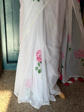 Off-White Mul Cotton Hand-Painted Saree with Pink Rose Motifs & Hakoba Blouse