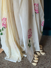 Off-White Mul Cotton Hand-Painted Saree with Pink Rose Motifs