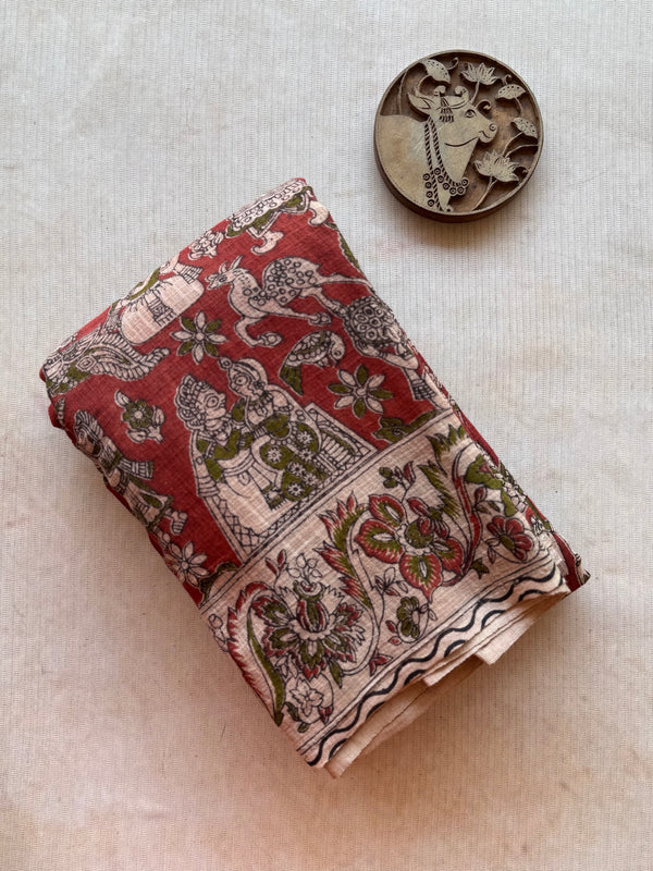 Kota Cotton Kalamkari Saree with Vintage Artistic Body & Ramayana Pallu