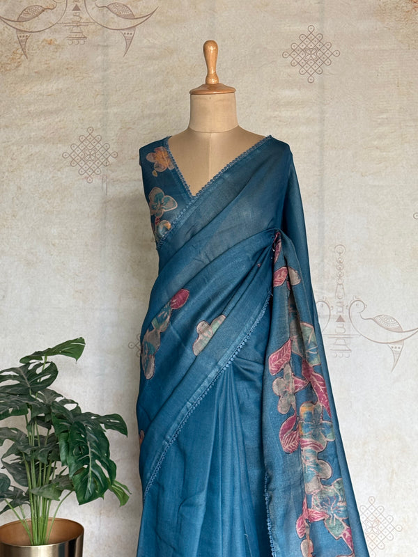 Shraddha - Linen Floral Applique Saree — Hakoba Lace Border