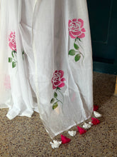Off-White Mul Cotton Hand-Painted Saree with Pink Rose Motifs & Hakoba Blouse