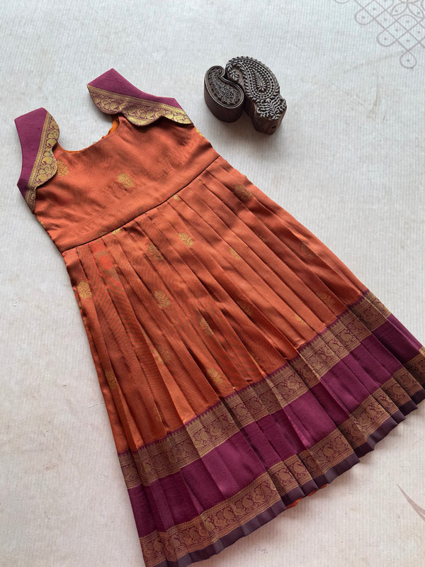 Ziva - Kids Vegan Silk Long Dress – Burnt Orange & Purple with Zari Buttas