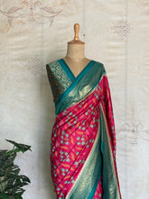 Rani Pink & Peacock Blue Ikkat Patola Inspired Semi Silk Saree