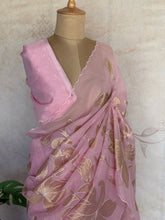 Kota silk Saree with Gold Floral Appliqué Border | Handcrafted Appliqué Work Saree