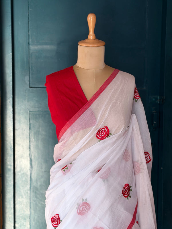 Mul Cotton Saree – White with Red Floral Embroidery & Contrast Border