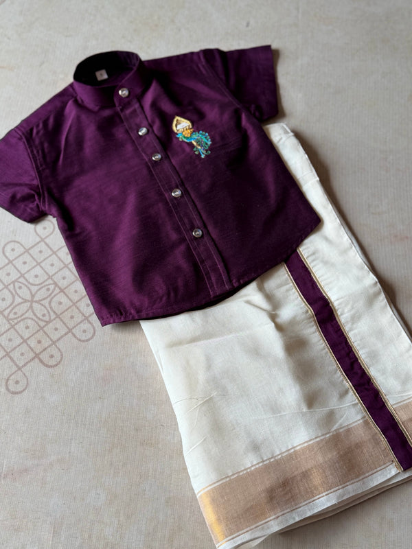 Velum Mayilum Hand-Embroidered Boys Temple Shirt & Dhoti Set — South Indian Traditional Ethnic Wear Onam Edit