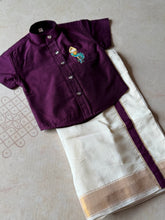 Velum Mayilum Hand-Embroidered Boys Temple Shirt & Dhoti Set — South Indian Traditional Ethnic Wear Onam Edit