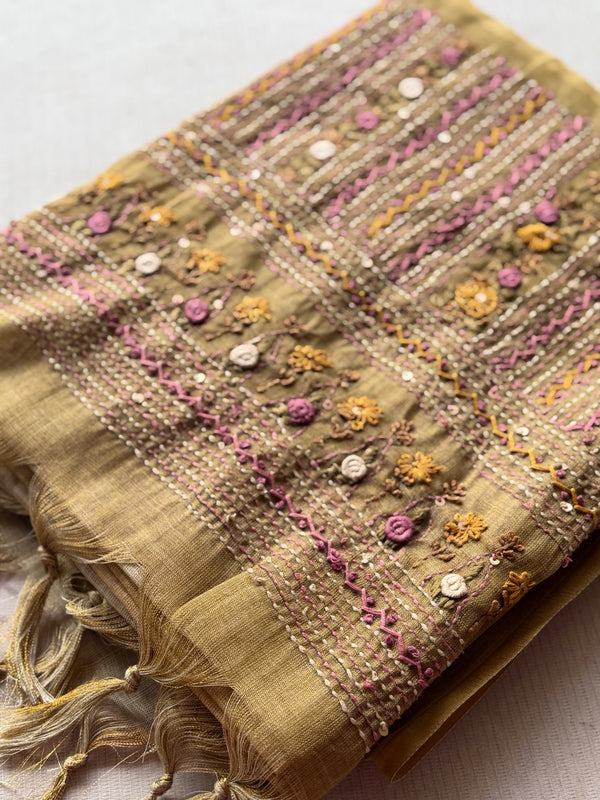 Ceya Linen Saree with Hand Floral Embroidery