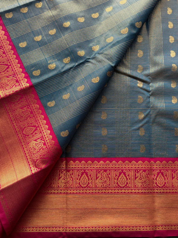 Midnight Teal Semi Kanchi Silk Saree with Magenta Zari Border