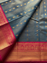 Midnight Teal Semi Kanchi Silk Saree with Magenta Zari Border