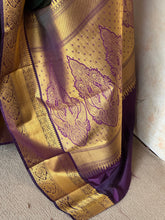 Forest Green Semi Kanchi Silk Saree with Kolam Buttas & Royal Purple Contrast Pallu
