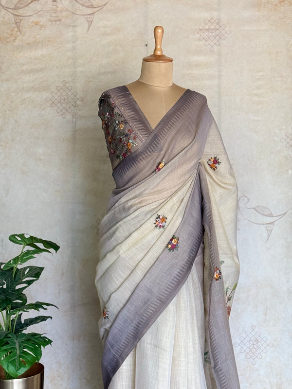 Ceya - Linen Saree with Floral Hand Embroidery & Statement Pallu