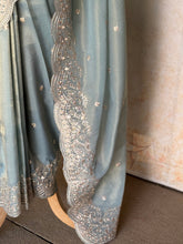 Powder Blue Soft Organza Saree with Scalloped Edges & Gold Pita Work Embroidery