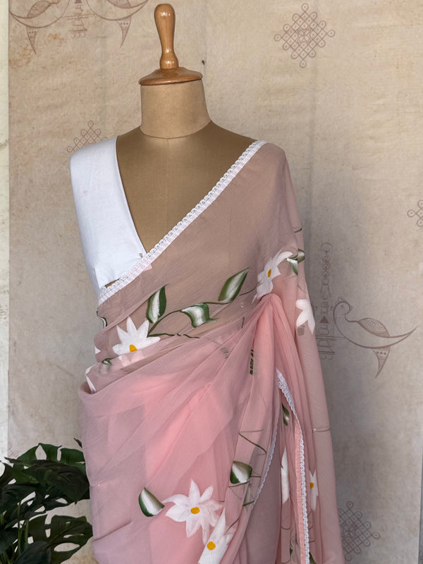 Handpainted Floral Chiffon Saree with Hakoba Lace Border