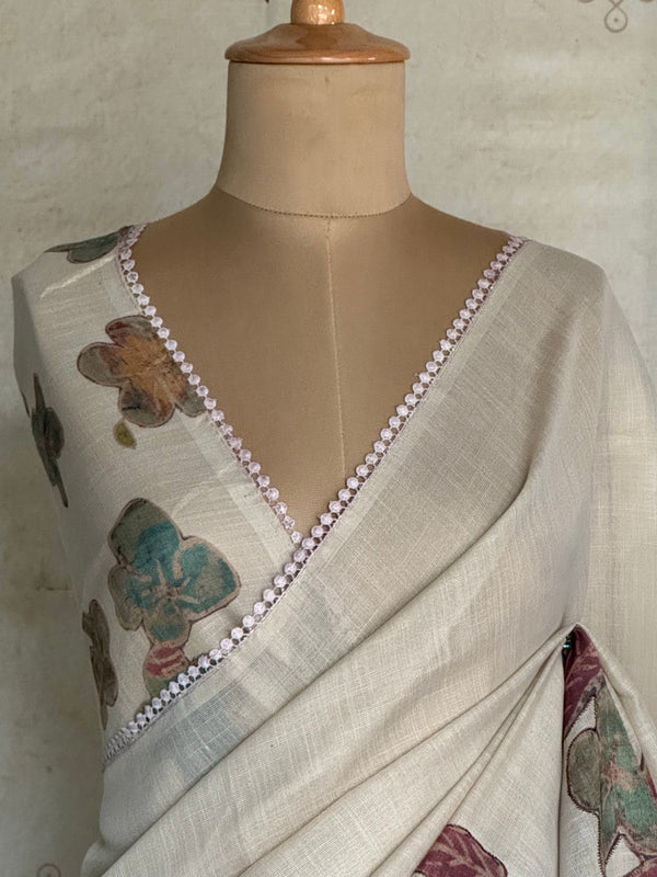 Shraddha - Linen Floral Applique Saree — Hakoba Lace Border