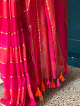 Mul Cotton Saree with Gold Zari Stripes – Rani Pink & Coral Blend