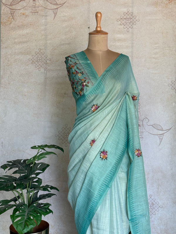Ceya - Linen Saree with Floral Hand Embroidery & Statement Pallu