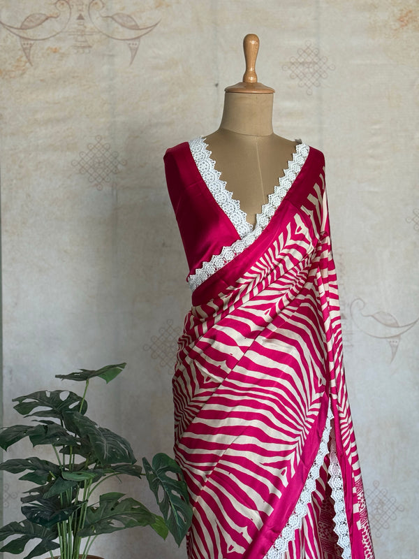 Modal Zebra Print Saree with Hakoba Lace Border