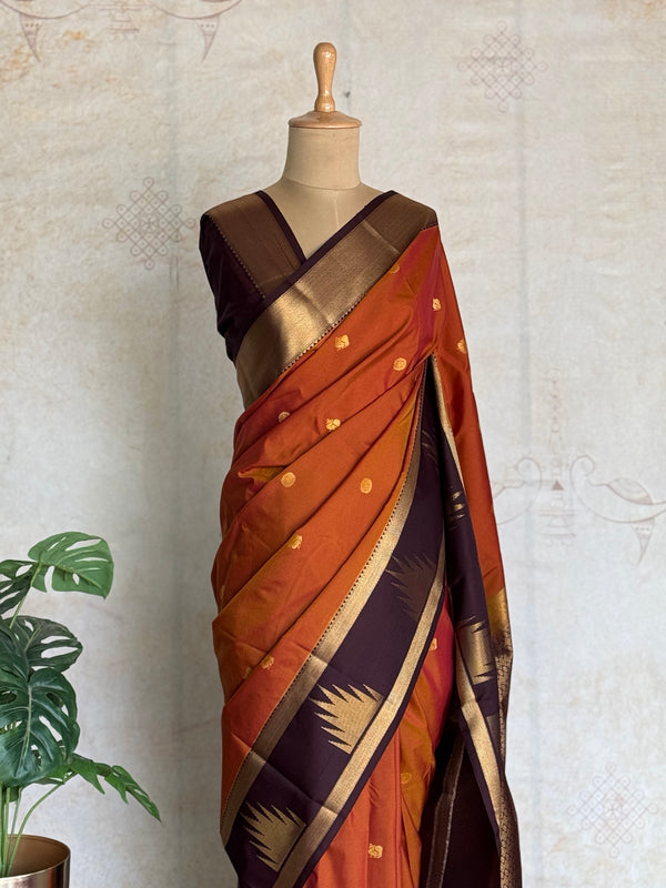 Kanchi Silk Saree in Rust Orange with Kanchi Border & Talampoo Border