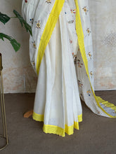 Varnika - Pure Cotton Multi Floral Embroidered Saree with Hakoba Lace - Onam Edit