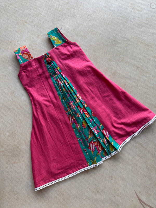 Virupa Kids Soft Cotton Panel Dress – Deep Pink & Turquoise Blue