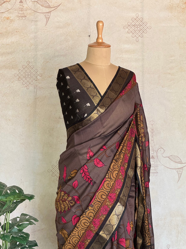 Parijata - Dola Silk With Kalamkari Prints And Zari Border