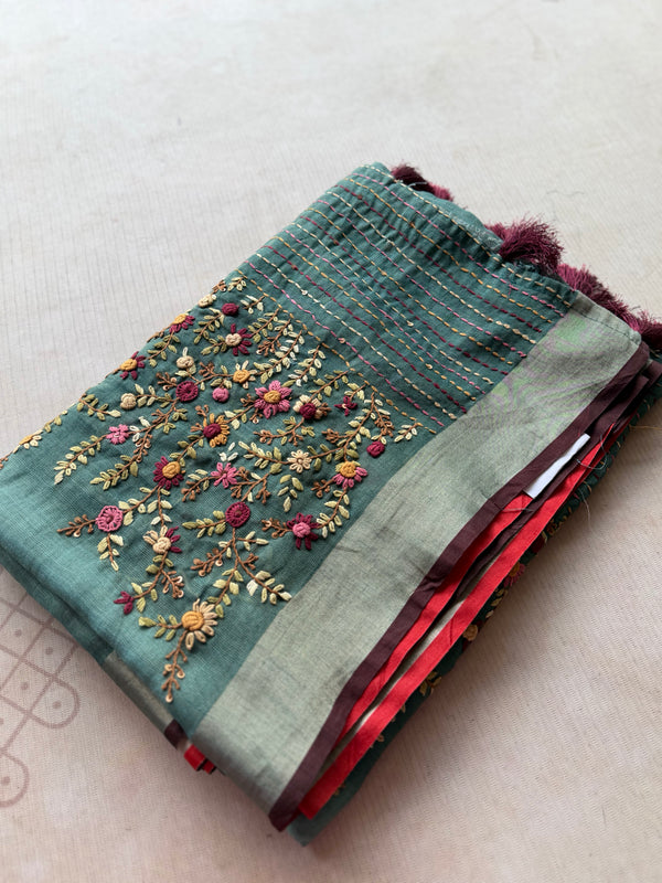 Ceya Linen Saree with Hand Floral Embroidery