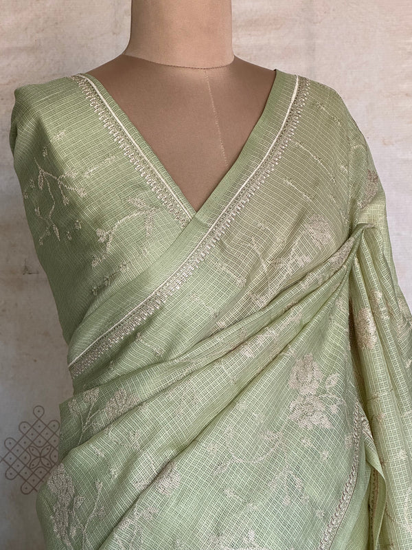 Kayal - Mint Embroidered Pure Kota Silk Saree