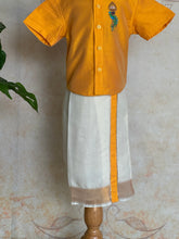 Velum Mayilum Hand-Embroidered Boys Temple Shirt & Dhoti Set — South Indian Traditional Ethnic Wear Onam Edit