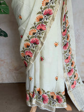 Sadhna - Pure Chiffon Cross Stitch Saree with Floral Embroidered Border & Zari Pallu