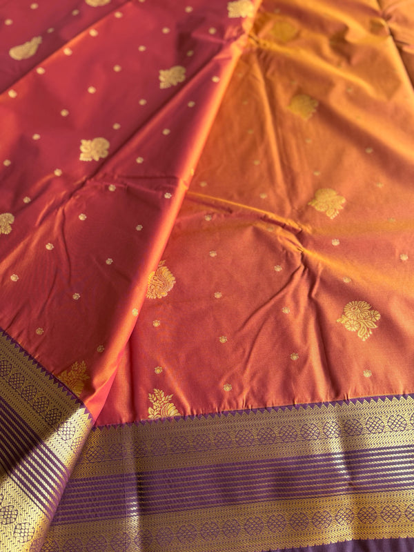 Semi Kanchi Silk Saree – Rust Orange & Deep Purple with Zari Buttas | Retta Petta Border