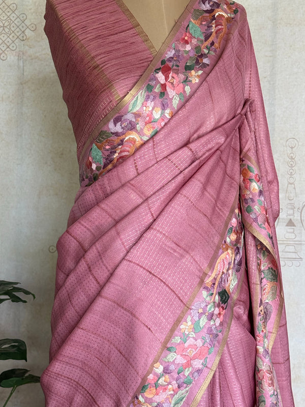 Vasantika - Pure Tussar Saree with Floral Embroidered Borders