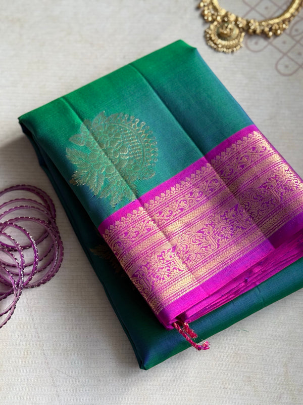 Pure Kanjivaram Soft Silk Saree with Paisley Zari Buttas & Kanchi Border – Vintage Edition