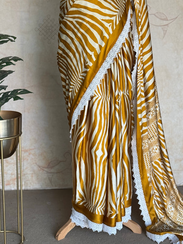 Modal Zebra Print Saree with Hakoba Lace Border